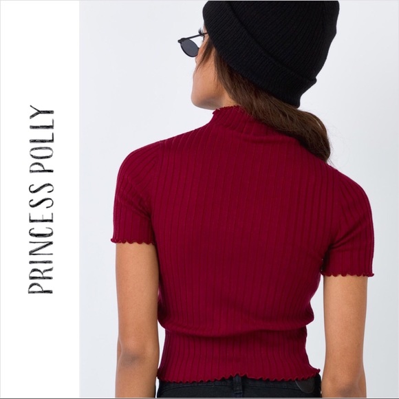Princess Polly Wine Red Ribbed Cropped Turtleneck Top - Picture 7 of 7